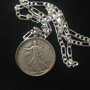 1944 Silver Half Dollar Coin, 18in 925 Chain